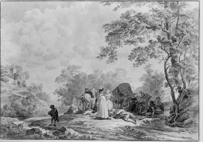 Halte van reizigers in een landschap