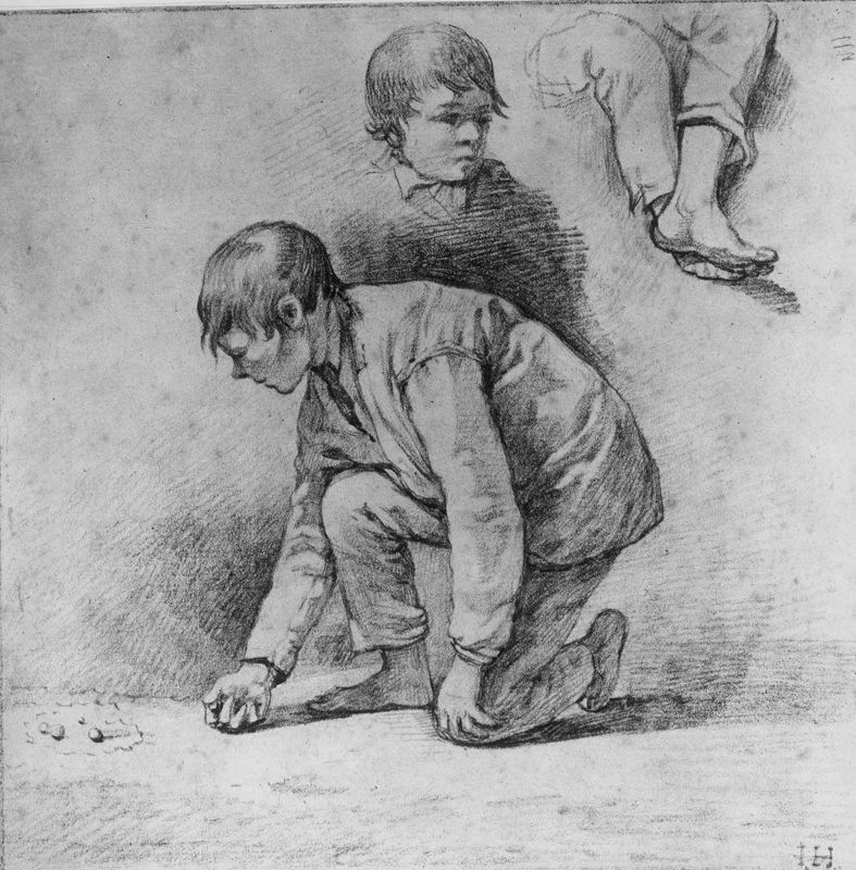 Studie voor een jongen (speelt met knikkers, bovenlichaam, onderbenen en voeten)
