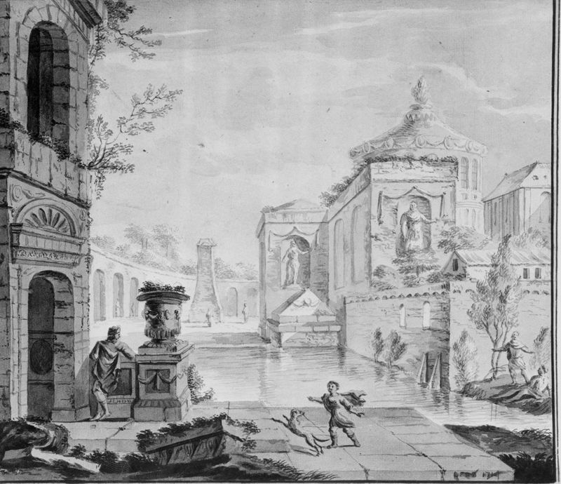 Vijver temidden van antiquiserende architectuur en personages