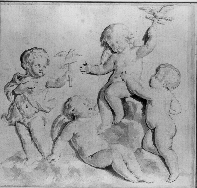 Putti met vogel op een stokje