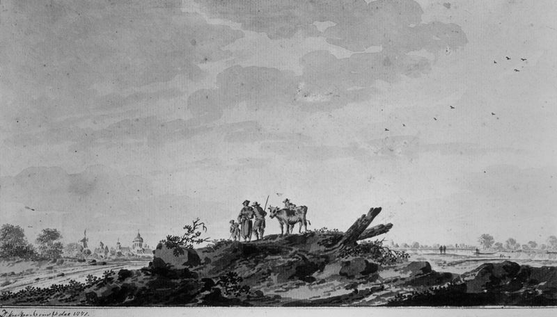 Landschap met figuren op een heuveltje