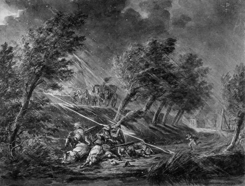 Onweer met bliksem en omgekantelde koets