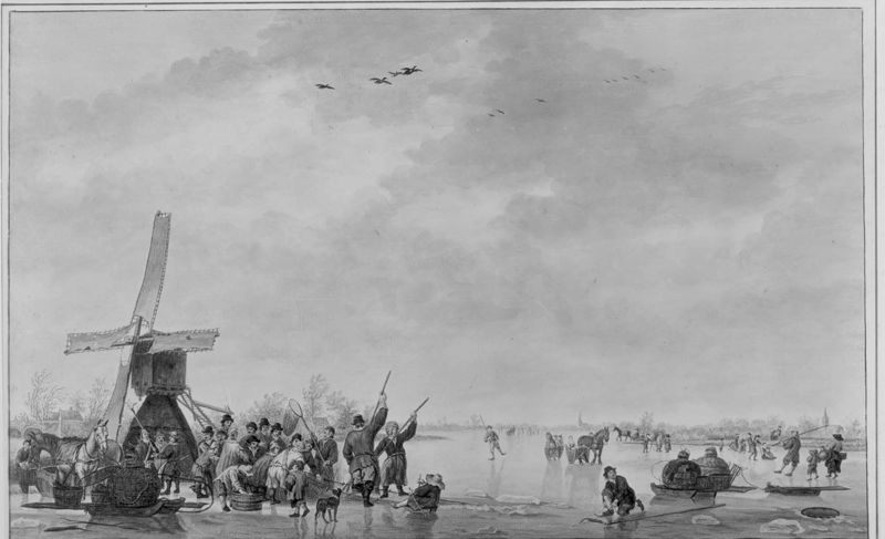 Schaatsers op een brede rivier