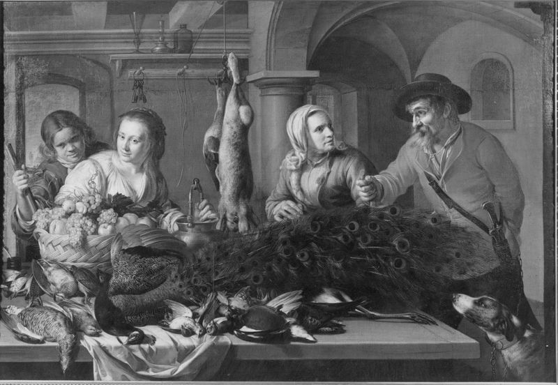 Groot jachtstilleven met vier figuren