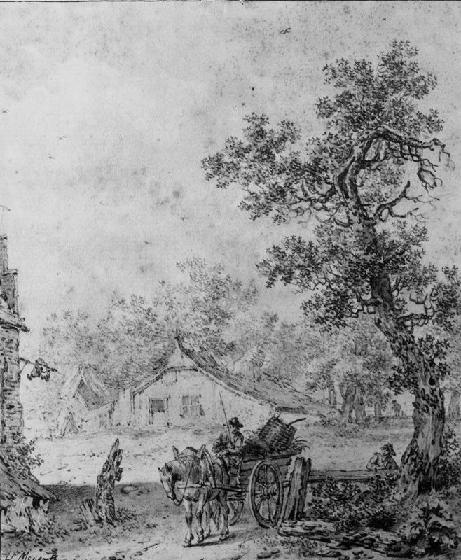 Boer met kar bij een boerderij