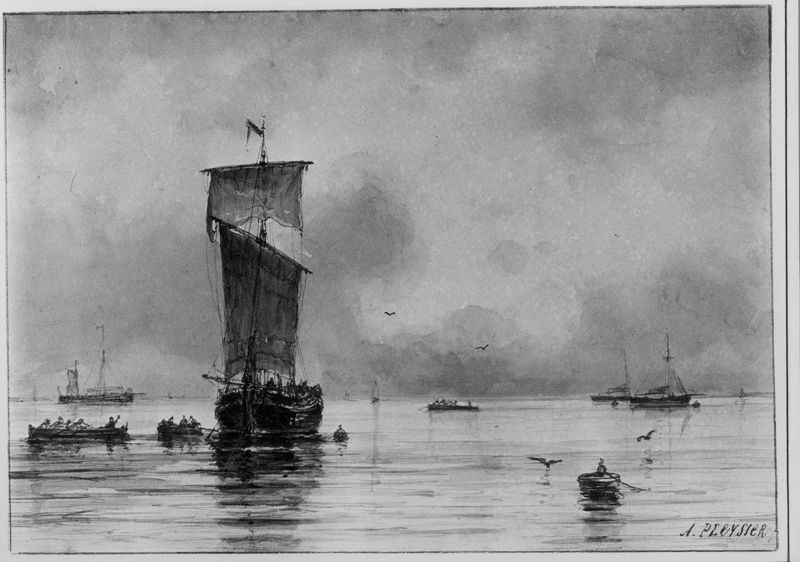 Marinestuk: groot zeilschip en kleinere boten op zee