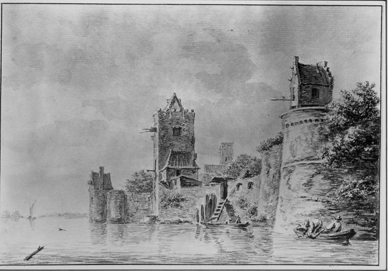 Versterkte muur met torens naast een rivier