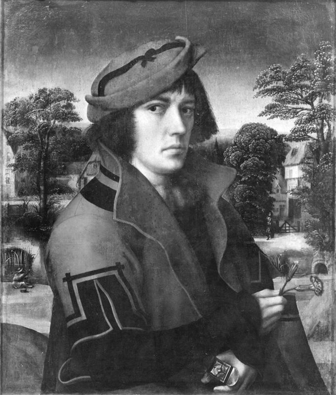 Portrait d'homme tenant deux oeillets
