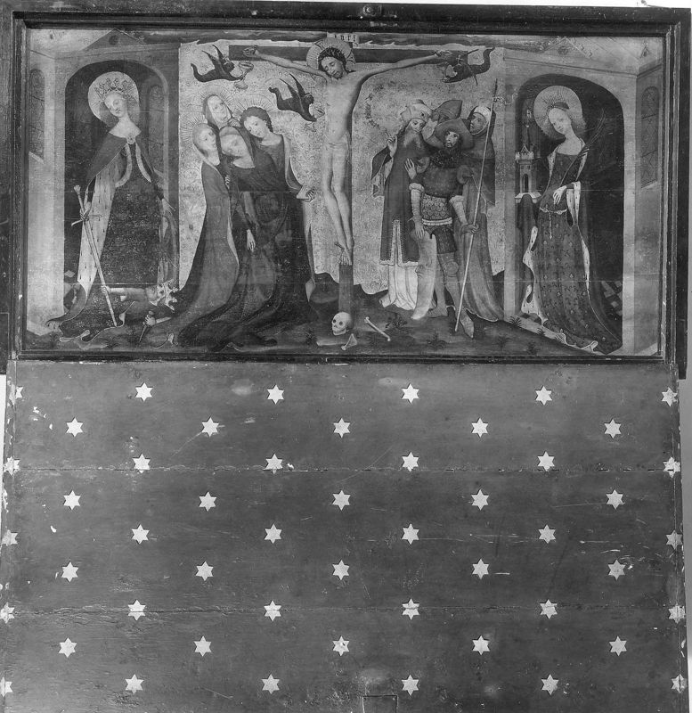Kruisiging met de Heiligen Catharina en Barbara of Calvarie van de Huidenvetters