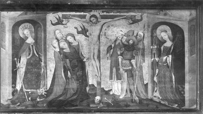 Kruisiging met de Heiligen Catharina en Barbara of Calvarie van de Huidenvetters