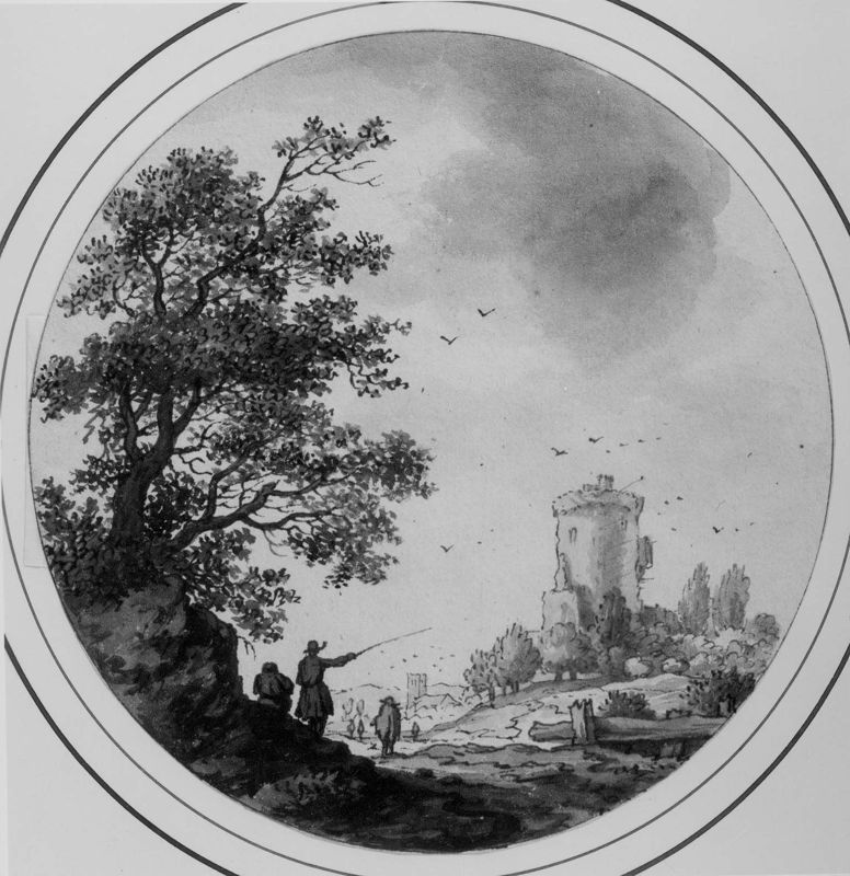 Landschap met boom en toren op de achtergrond