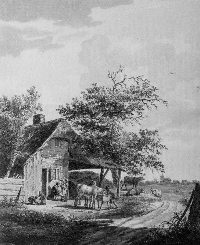 Hoeve met hooiberg bij weg