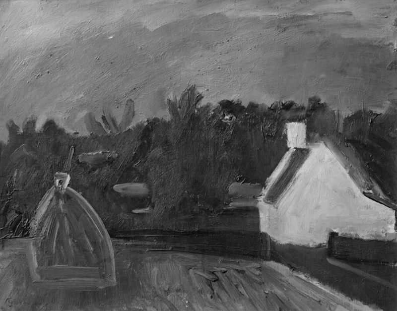 Landschap met witte hoeve en hooimijt