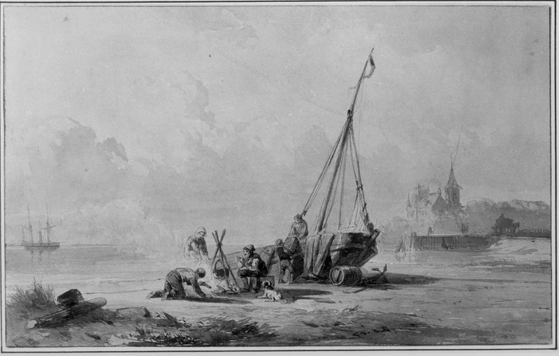 Schippers bij het vuur naast hun boot op het strand