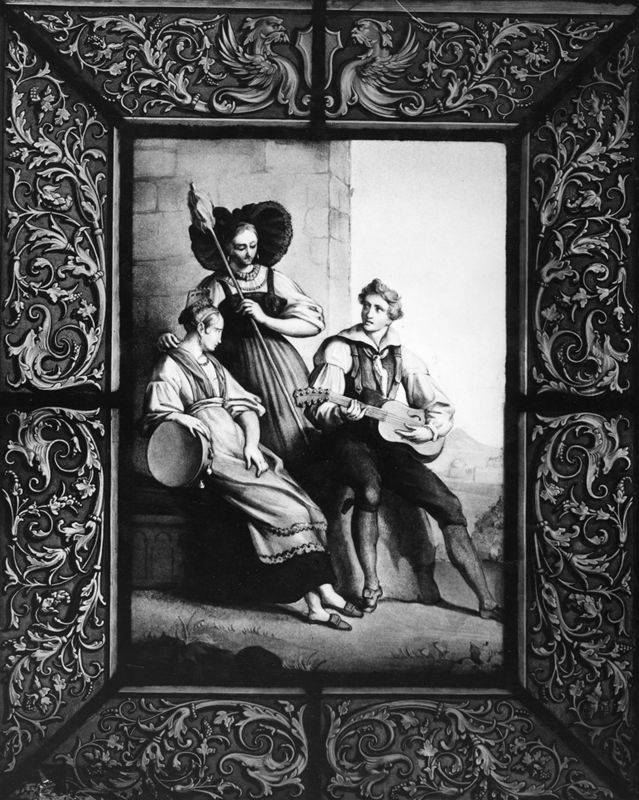 Jeune femme au tambourin et sa compagne tenant une quenouille et écoutant un jeune homme jouer de la guitare