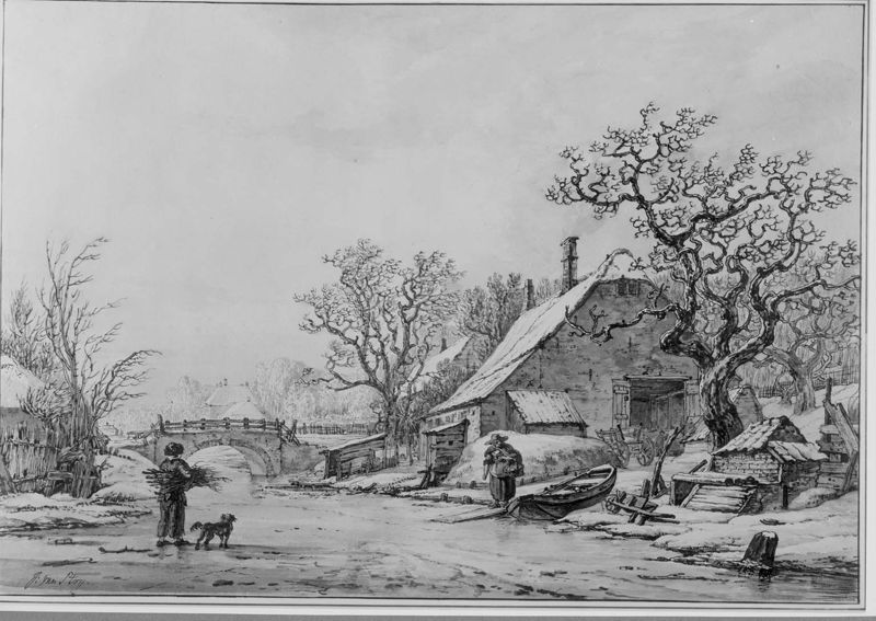 Winterlandschap: hoeve bij rivier