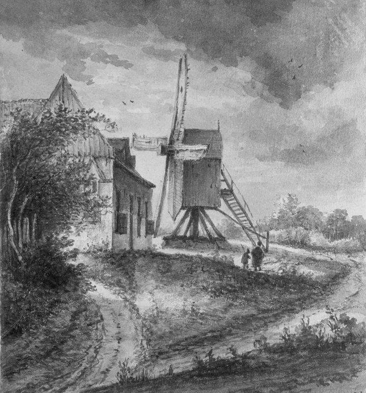 Landschap met boerderij en windmolen