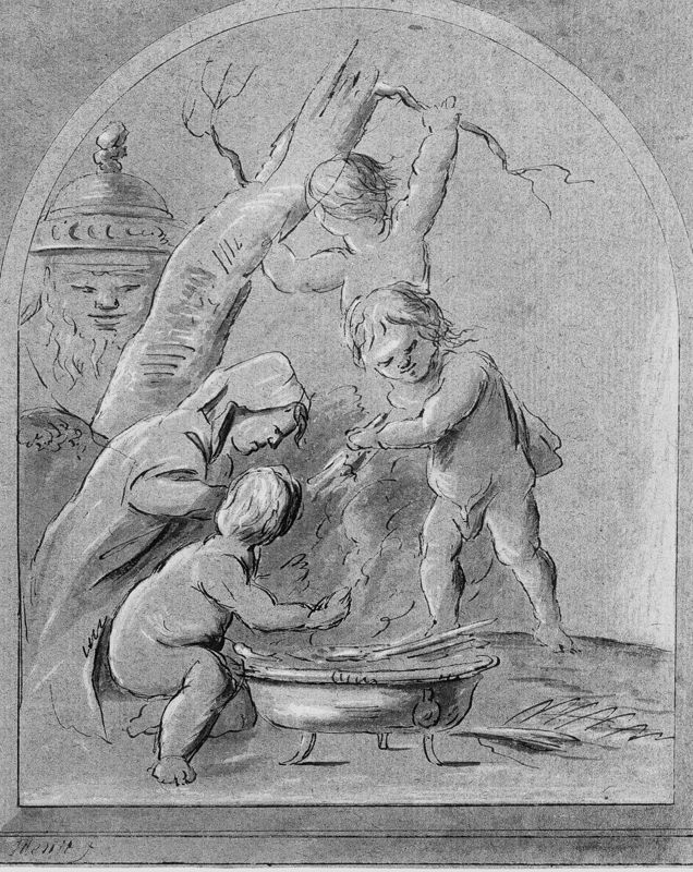 Putti warmen zich rond een vuurpot