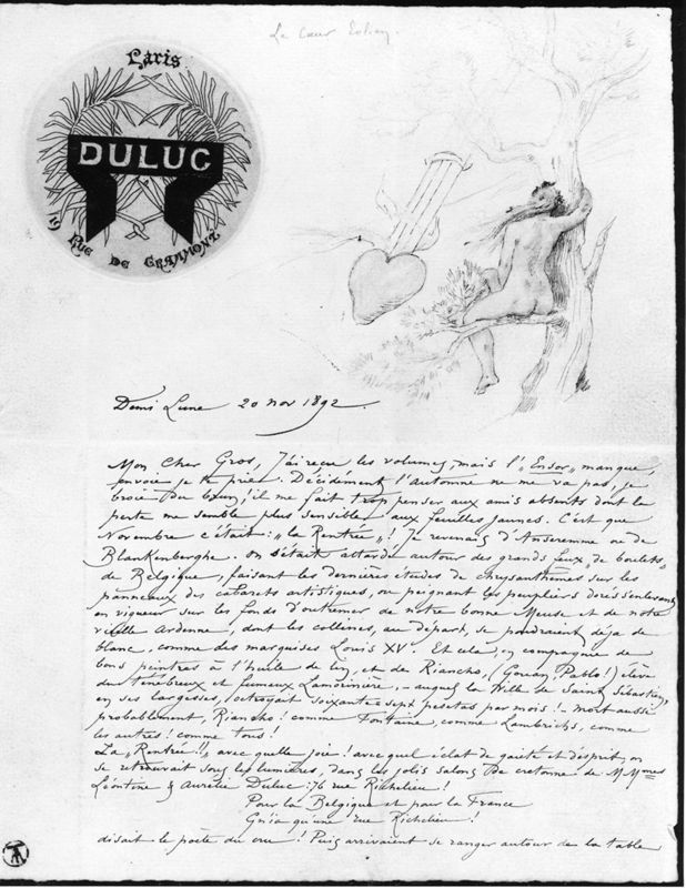 Lettre autographe illustrée d'un dessin (Coeur éolien)