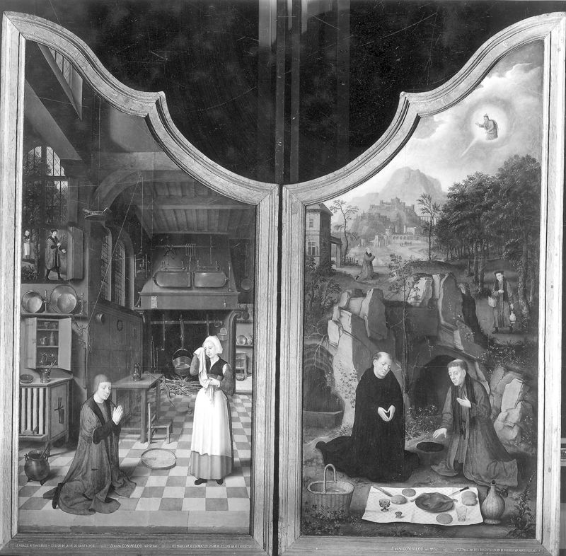 voorzijde: Eetmaal H. Benedictus & pastoor van Monte Preclaro /
keerzijde: Mis van H. Gregorius