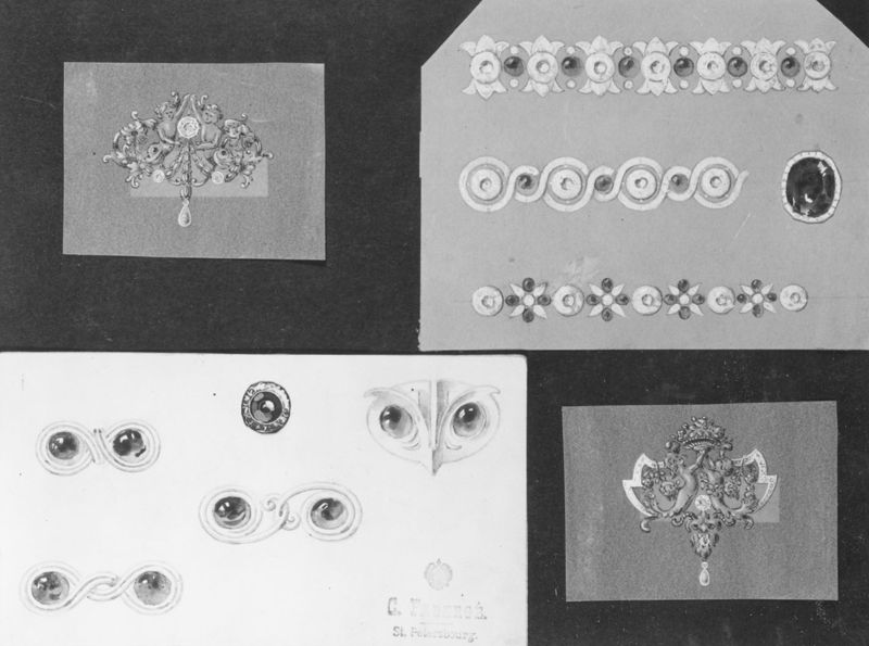 Quatre projets de bijoux ou de parures : broches et motifs sertis