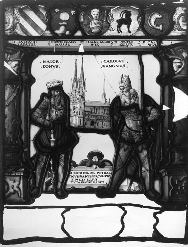 Charlemagne et Pépin le Bref avec le modèle de la cathédrale de Zürich