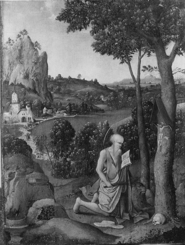 Heuvelachtig landschap met H. Hieronymus, lezende en boete doende