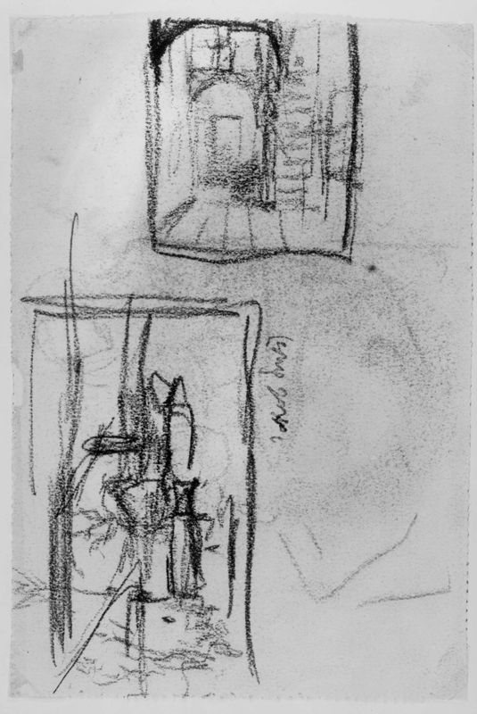 Schets van interieur en landschap