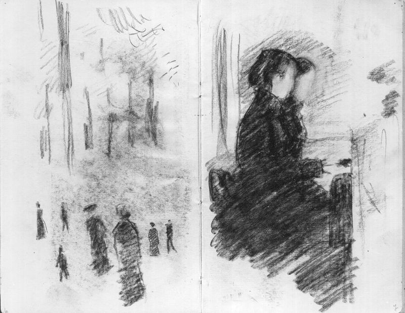Pages 6 et 7 : Etude de forêt et personnages et Femme au piano (de profil)