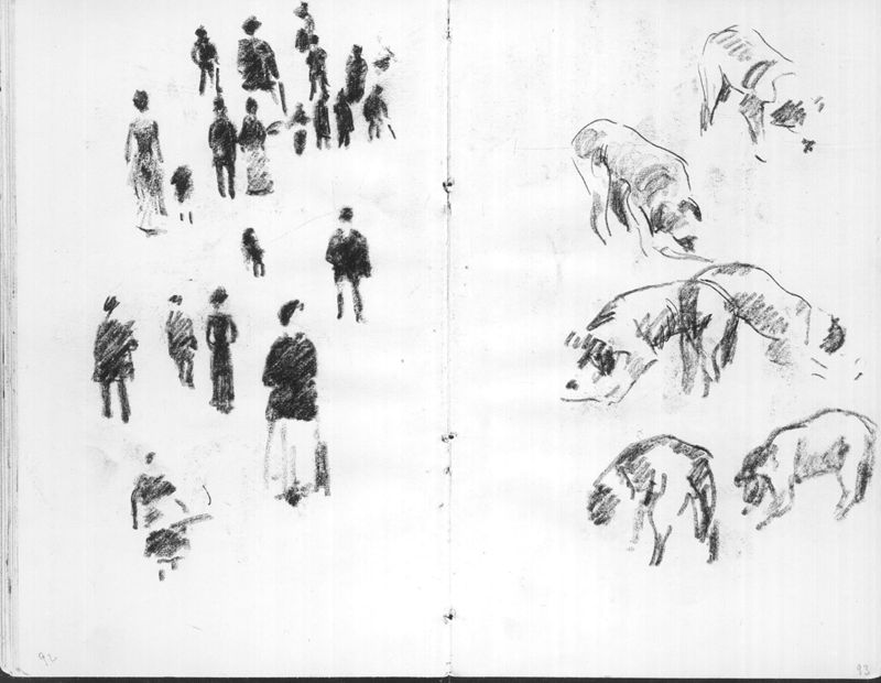 Pages 92 et 93 : Etudes de personnages et études de chiens