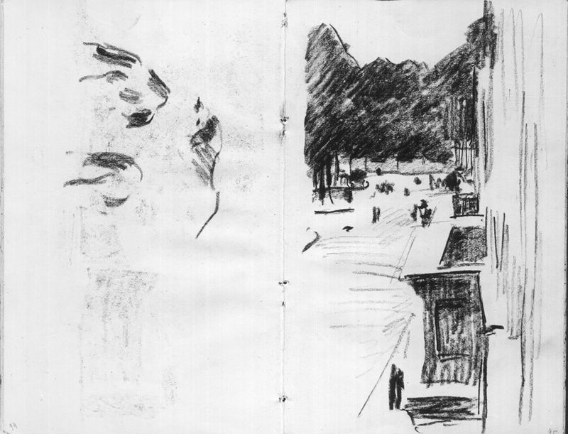 Pages 94 et 95 : Etudes de chiens et rue, arbres dans le fond et balcons à droite