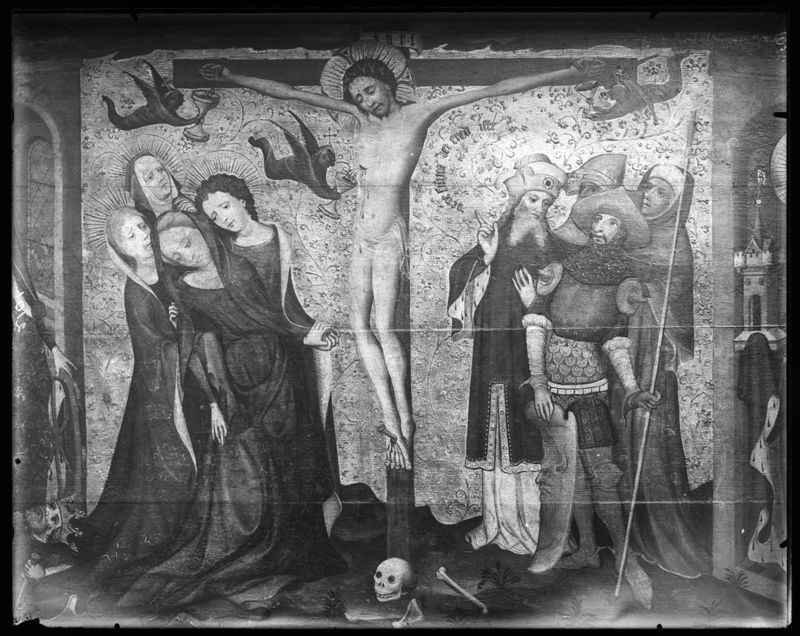Kruisiging met de Heiligen Catharina en Barbara of Calvarie van de Huidenvetters