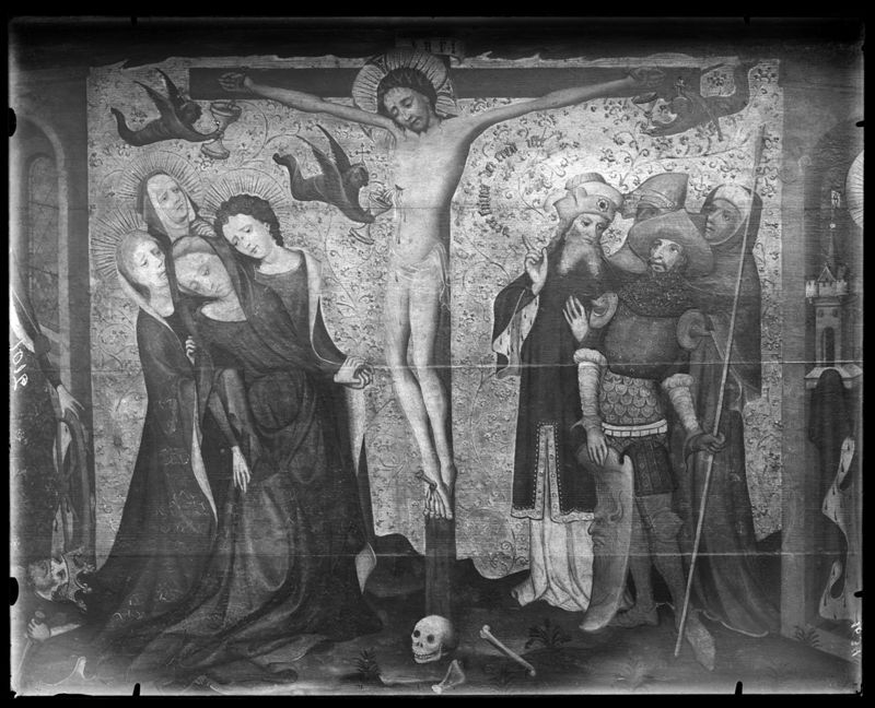 Kruisiging met de Heiligen Catharina en Barbara of Calvarie van de Huidenvetters