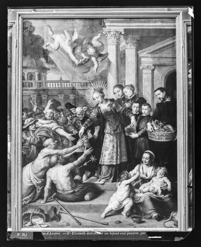 De heilige Elisabeth van Hongarije deelt haar schatten uit
