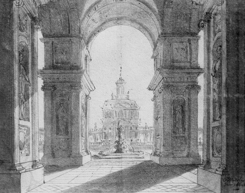 Architectuurtekening: Portiek met zicht op een binnenkoer en zuilengaanderij