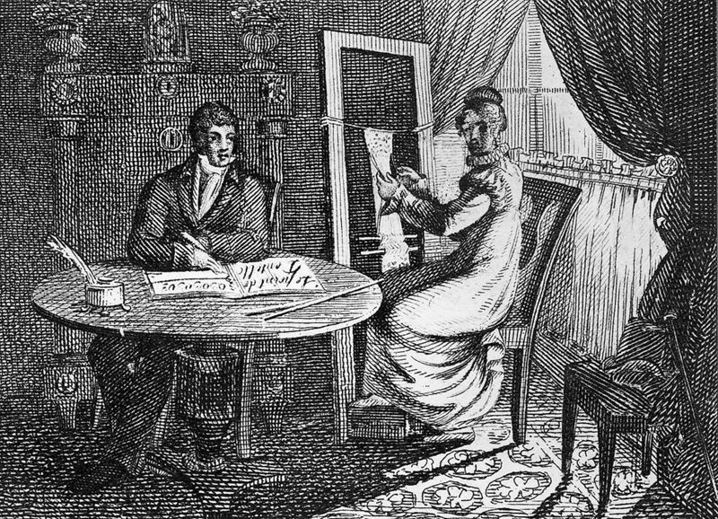 Gravure représentant le métier (ou cadre) "sprang"