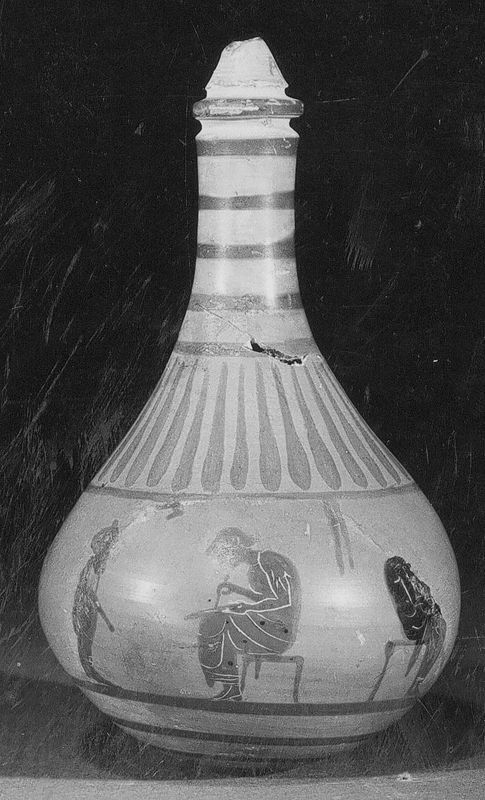 Phormiskos à figures noires : Scène d'école