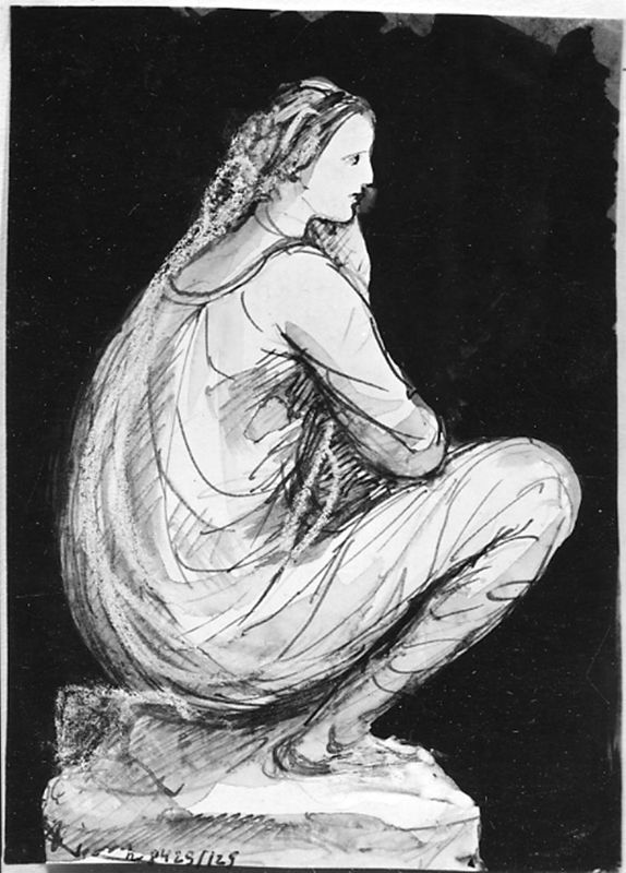 Jeune femme accroupie sur socle