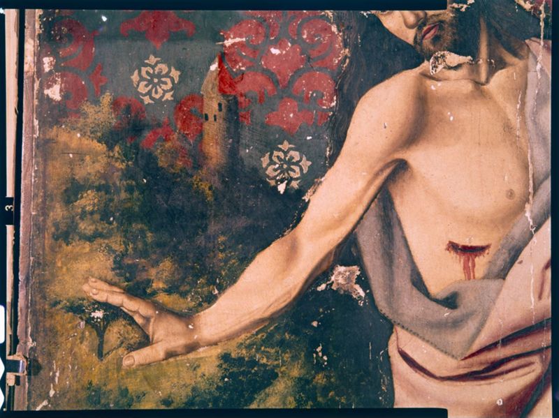Volet droit du triptyque de l'Annonciation de l'église Saint-Sauveur à Aix-en-Provence: Le prophète Jérémie (avers) ; Le Christ d'un Noli me tangere (revers)