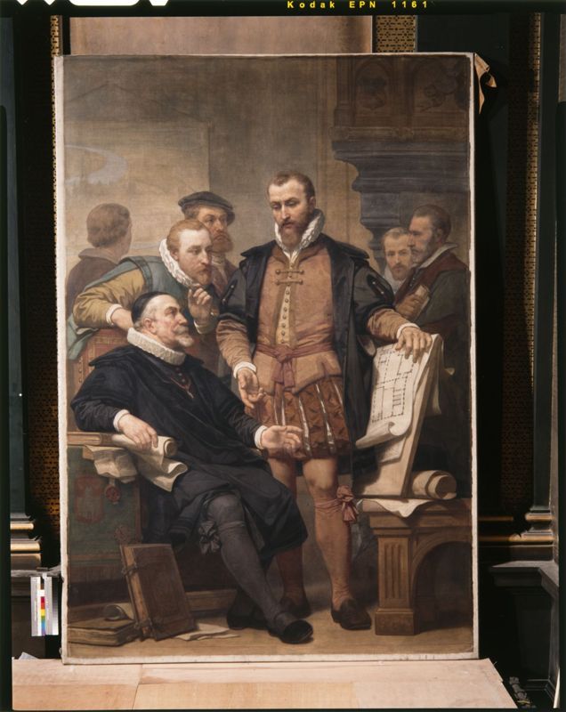Cornelis de Vriendt toont het plan van het Antwerps stadhuis