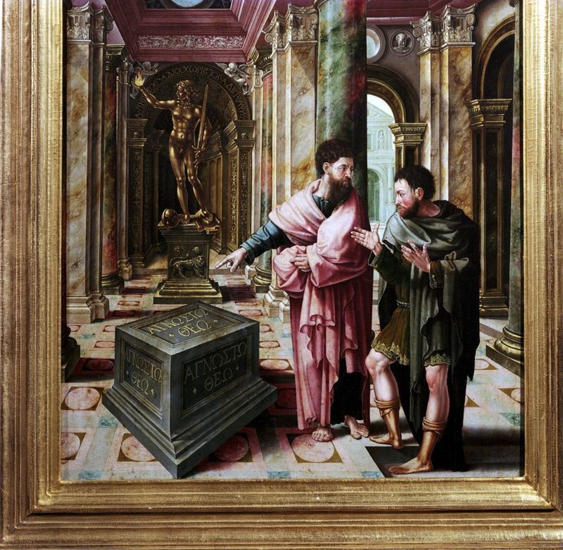 Panneau du retable de l'église de Saint-Denis à Liège. Face : Saint Denis l'Aréopagite rencontre saint Paul. Revers : Le miracle de la céphalophorie