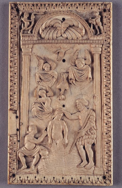 Vlechtwerk met dierfiguren; Doopsel van Christus (achterzijde)