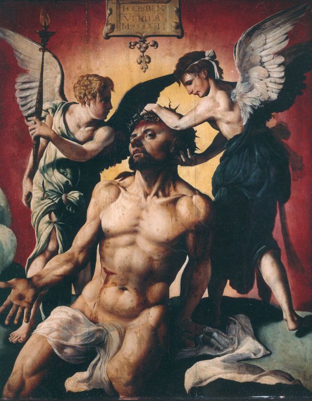 Christus met doornen gekroond tussen twee engelen