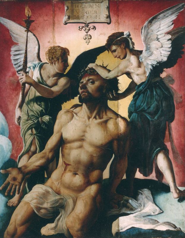 Christus met doornen gekroond tussen twee engelen
