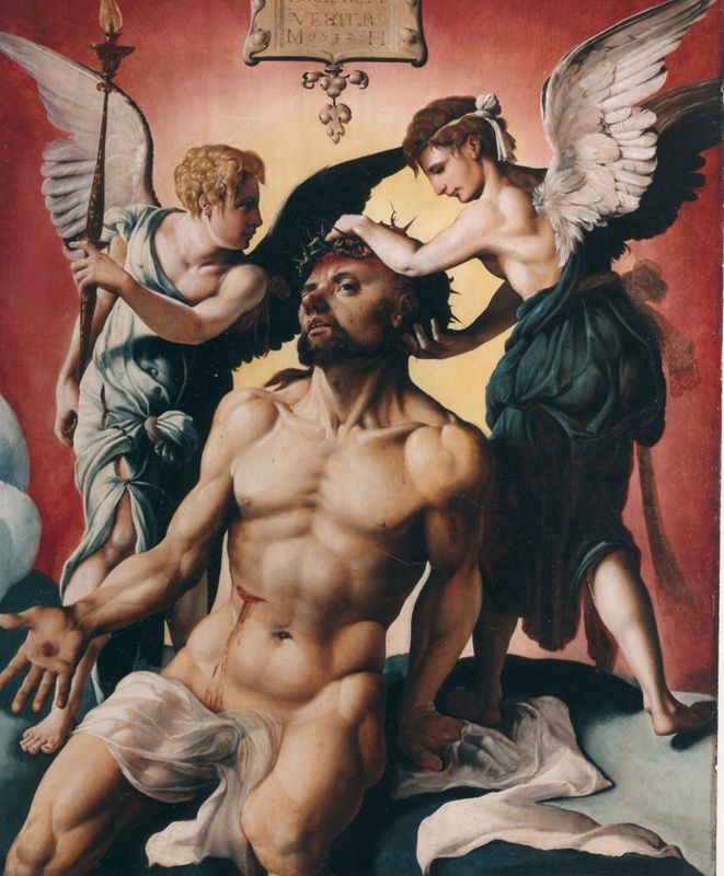 Christus met doornen gekroond tussen twee engelen