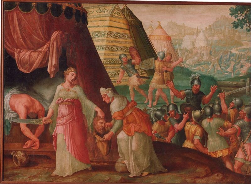 De cyclus van de Deugdzame vrouwen: Judith bergt het hoofd van Holofernes in de etenszak van Abra