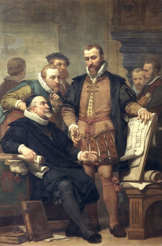 Cornelis de Vriendt toont het plan van het Antwerps stadhuis