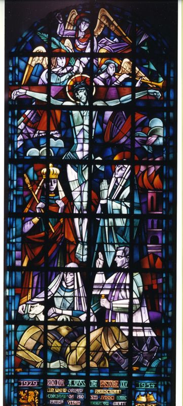 Christus aan het kruis met stervende soldaat ontvangt het H. Oliesel
