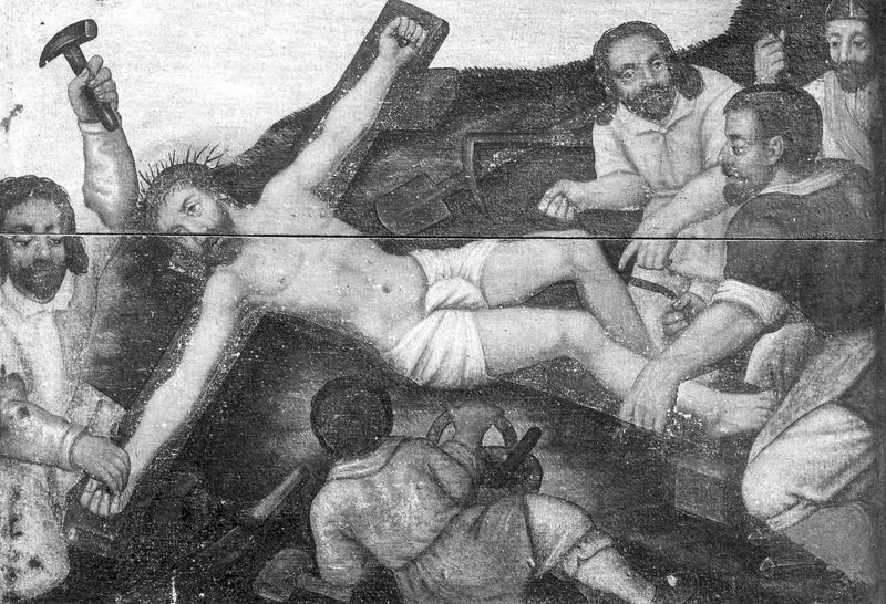 Jezus wordt aan het kruis genageld