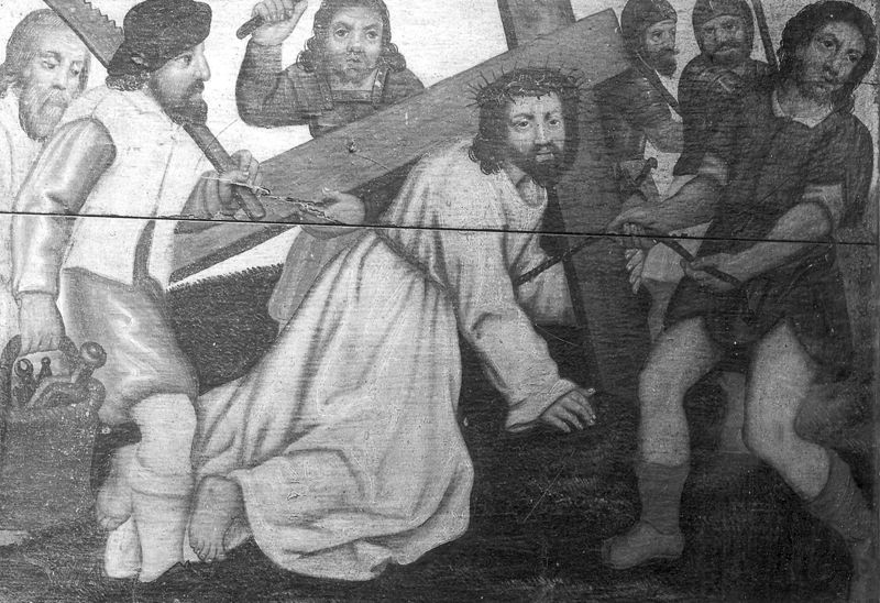 Jezus valt onder het kruis